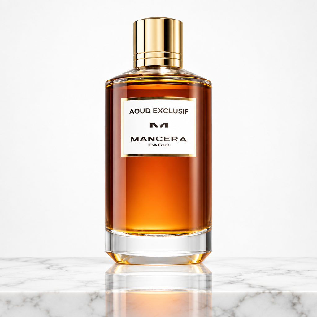 Aoud Exclusif with plain white background and marble base