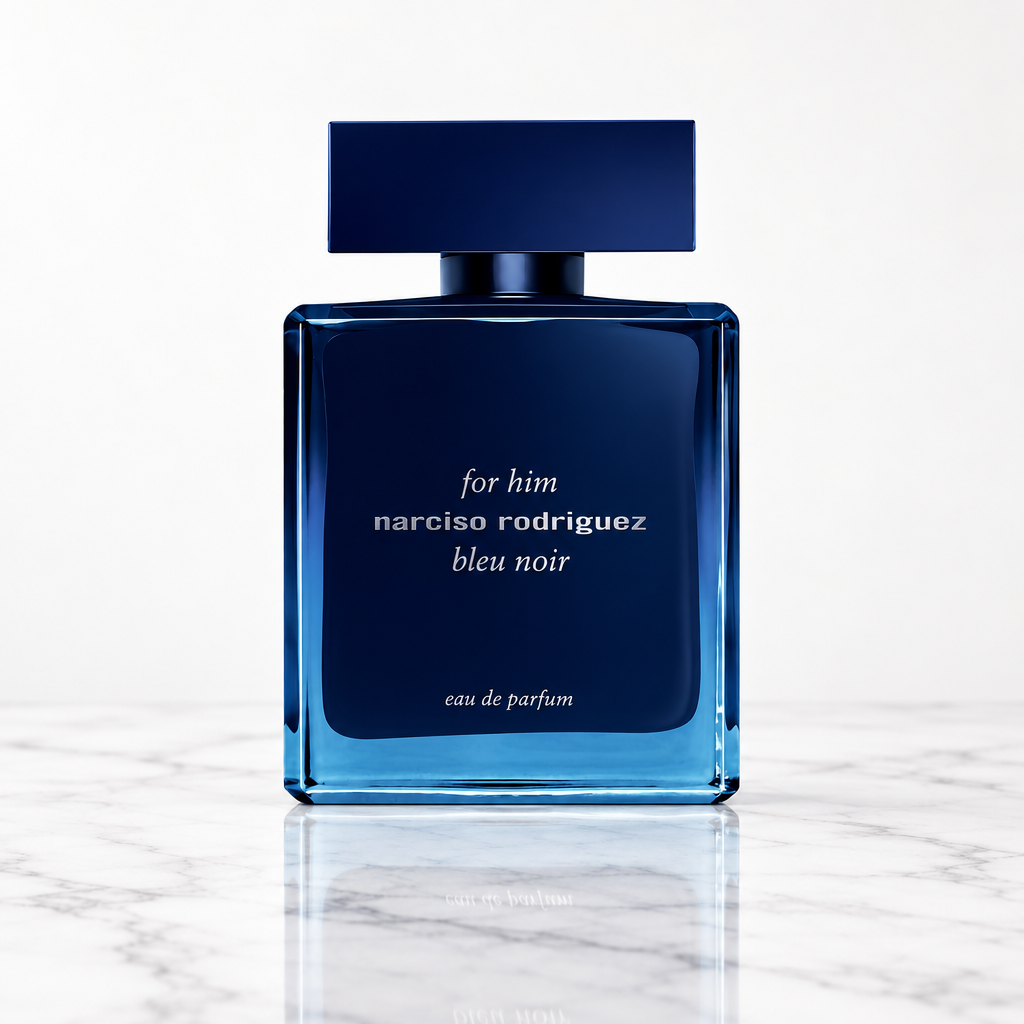 Bleu Noir bottle on white marble table