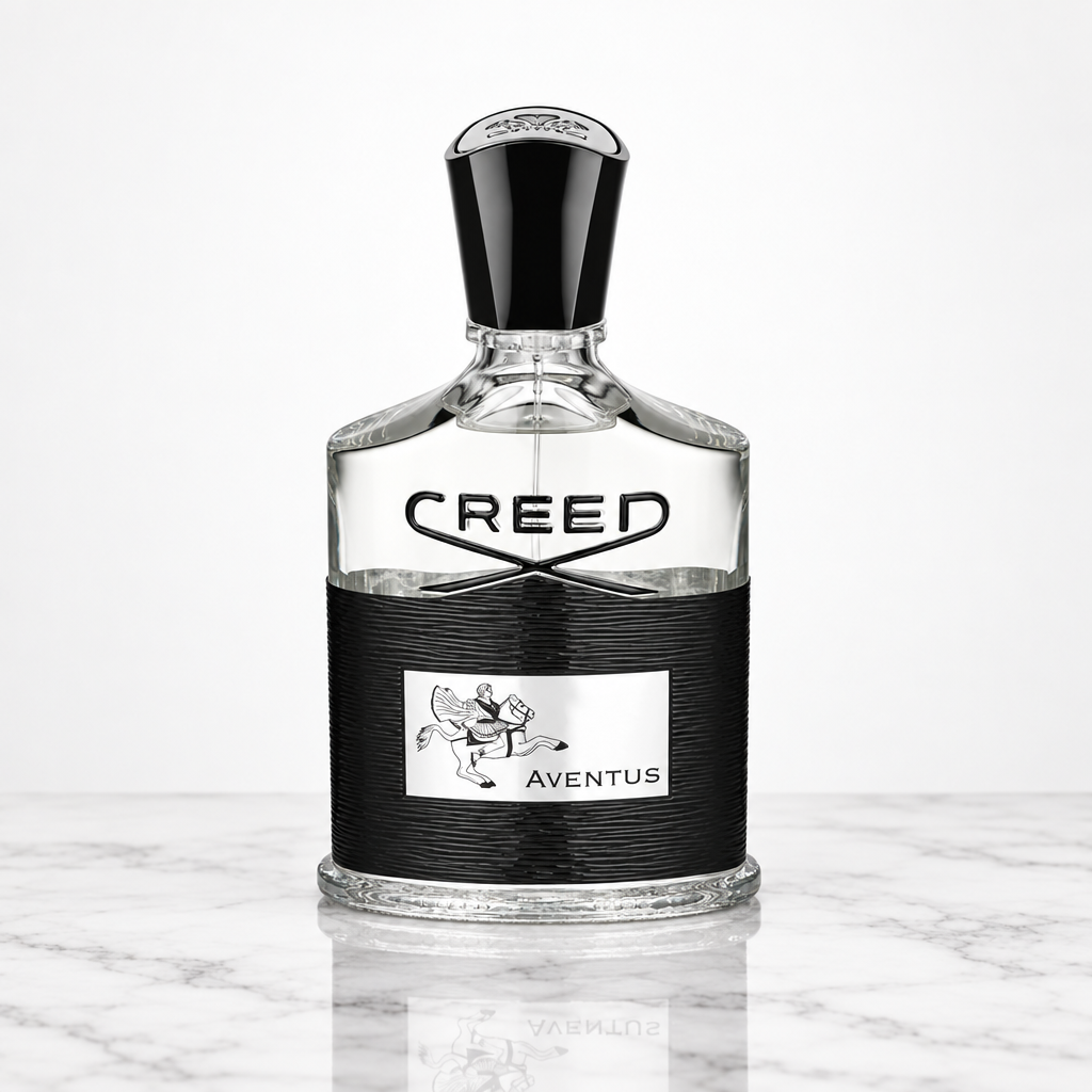 Creed Aventus bottle on white marble table