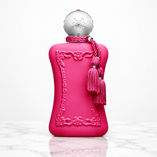 Perfume bottle on white marble table