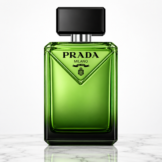Prada bottle with plain white background and marble base